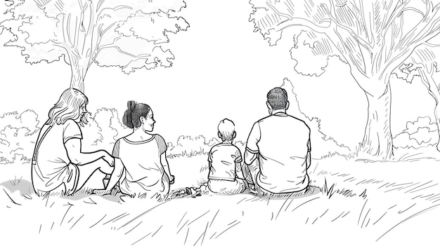 Photo a drawing of a family sitting in the grass