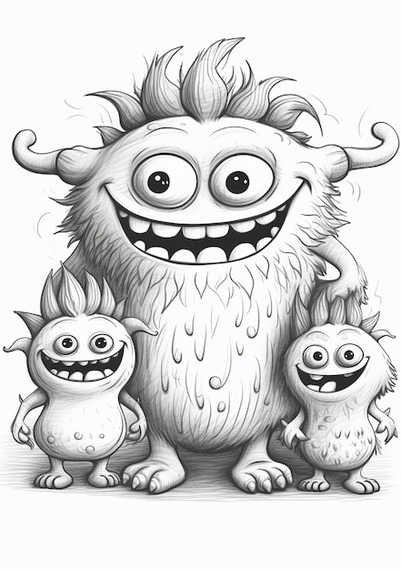 a drawing of a family of three monsters with one big monster and one small monster generative ai