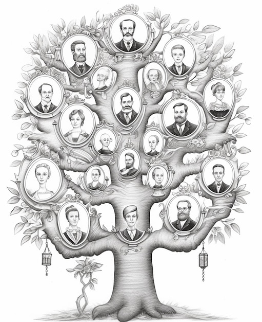 Foto un disegno di un albero genealogico con un gruppo di persone in esso generativo ai