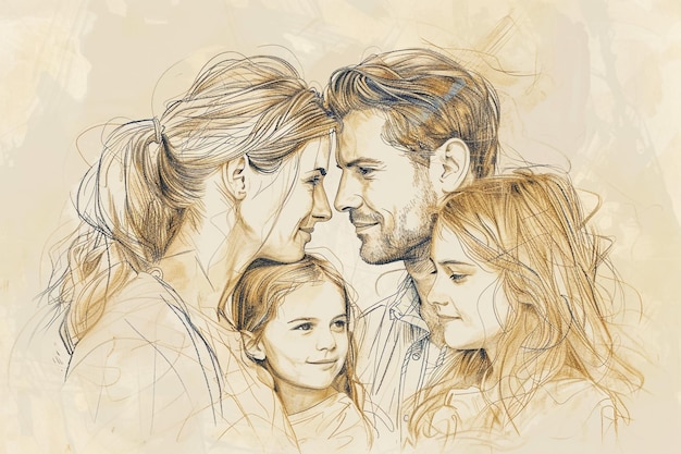 a drawing of a family with a baby and a woman