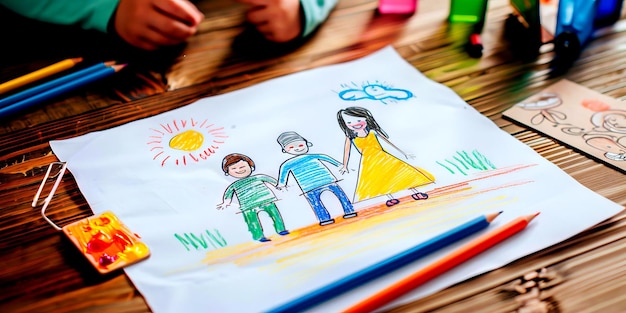 A drawing of a family with crayons on a table