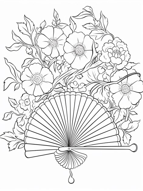 Photo a drawing of a fan with flowers and leaves on it generative ai
