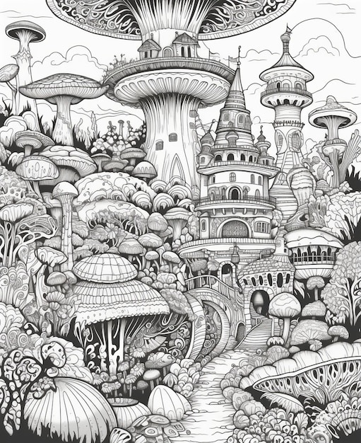 A drawing of a fantasy landscape with a mushroom house and a mushroom house.