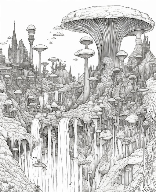 A drawing of a fantasy landscape with a mushroom and a waterfall.