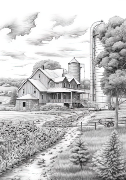 Photo a drawing of a farm house with a farm in the background.