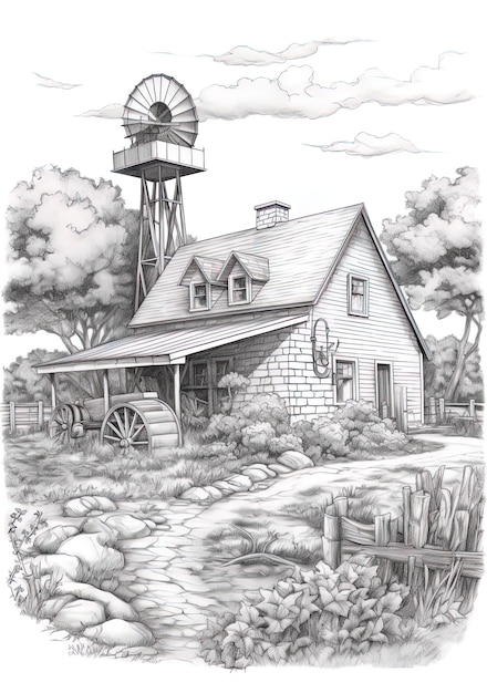 Photo a drawing of a farm house with a water tower in the background.