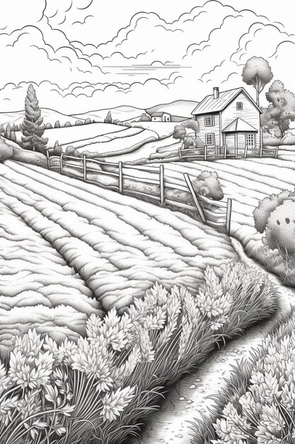 Photo drawing of a farm scene with a fence and a house generative ai