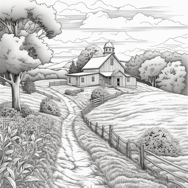 A drawing of a farm with a barn and a fence generative ai