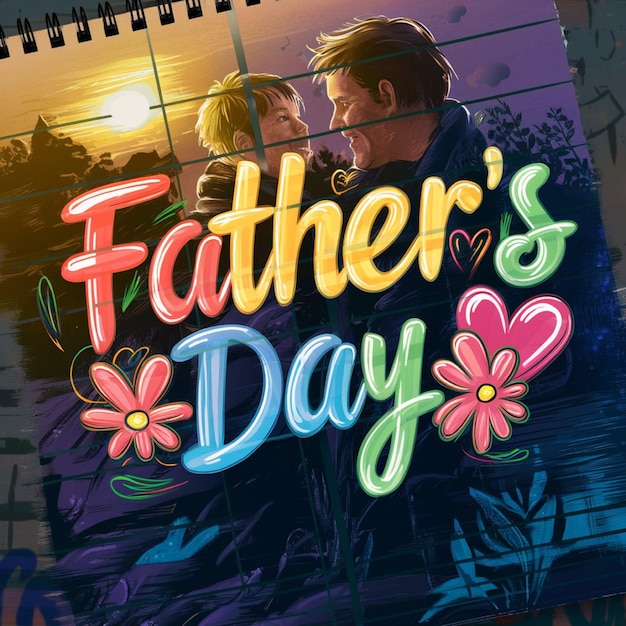 a drawing of a father and his daughter on a notebook