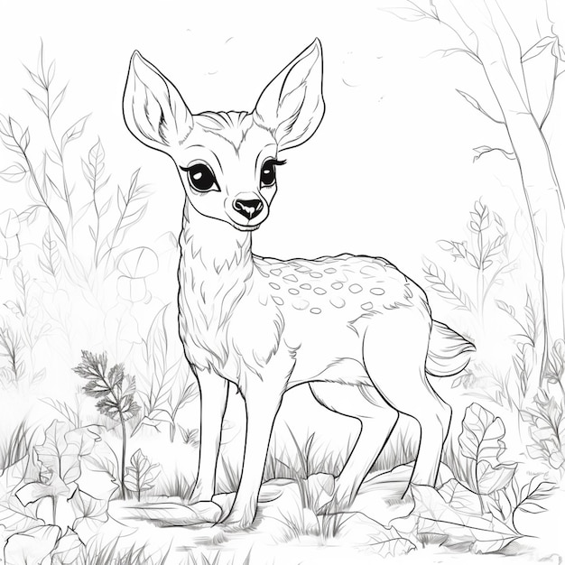 a drawing of a fawn standing in the grass with flowers generative ai