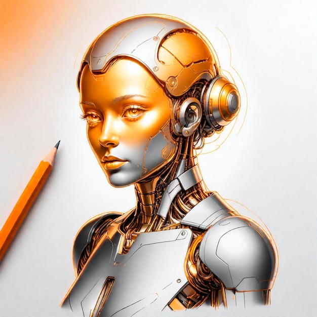 a drawing of a female robot with a pencil in the middle