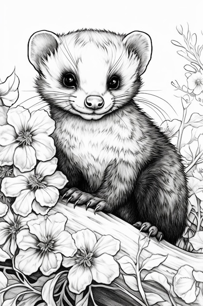 a drawing of a ferret sitting on a branch with flowers generative ai