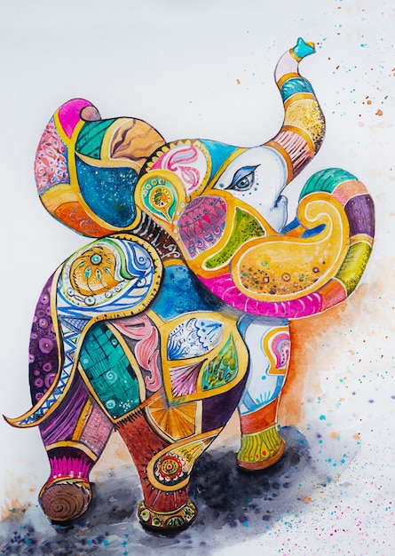 Drawing of a festive elephant multicolored watercolor