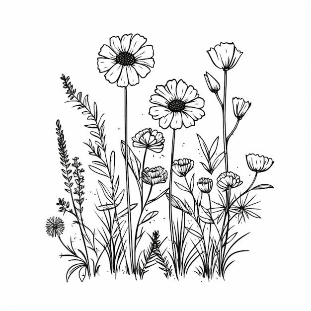 Photo a drawing of a field of flowers with grass and flowers generative ai