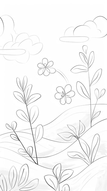 drawing of a field with flowers and a bird in the sky generative ai