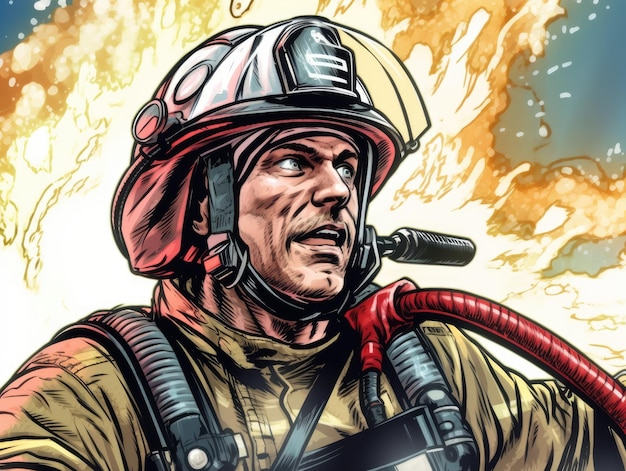 A drawing of a fireman holding a hose Generative AI