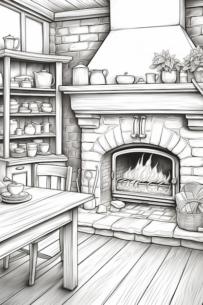 Photo a drawing of a fireplace in a kitchen with a table and chairs generative ai