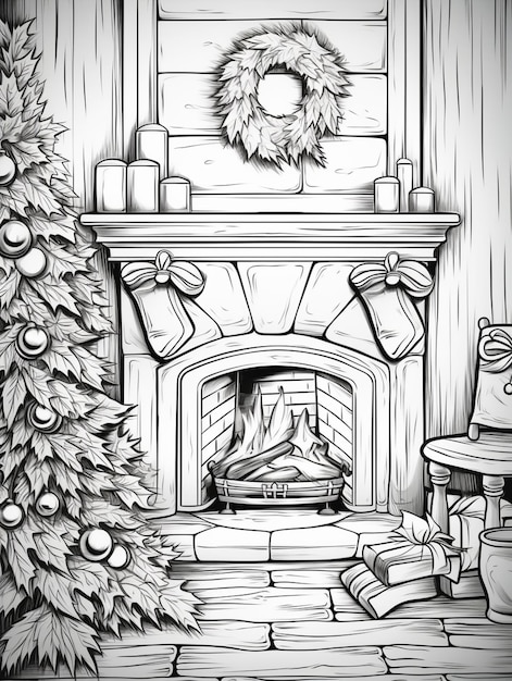 クリスマスツリーとストッキングを備えた暖炉の絵