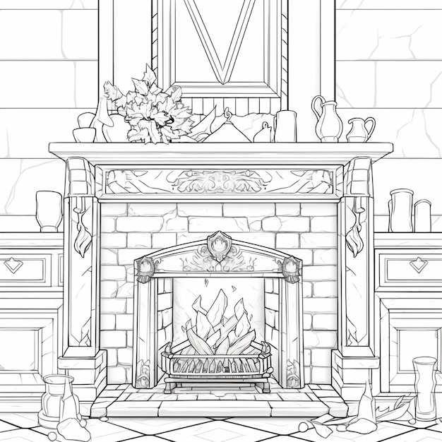 Photo a drawing of a fireplace with a mantle and a mantler generative ai