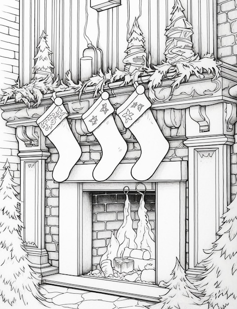 A drawing of a fireplace with stockings hanging from it generative ai