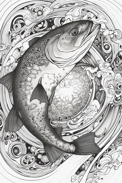 Photo a drawing of a fish with a fish head in the middle of a swirl generative ai