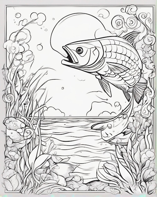 Photo a drawing of fish with the word fish on outline coloring book