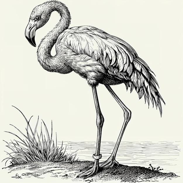 drawing of a flamingo standing in water