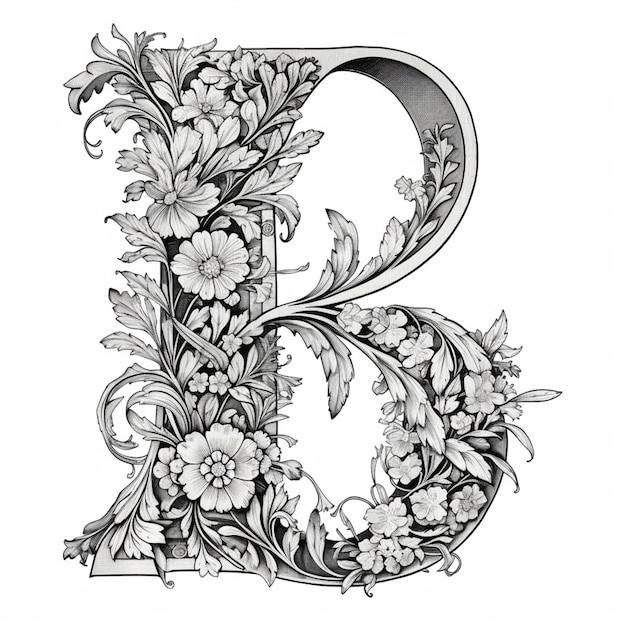 A drawing of a floral letter b with flowers and leaves generative ai