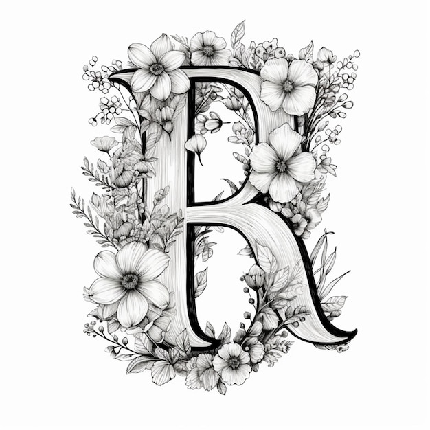 Photo a drawing of a floral letter b with flowers and leaves generative ai