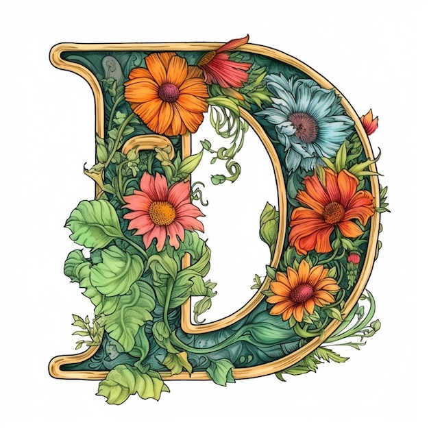 Premium AI Image | A drawing of a floral letter d with flowers and ...