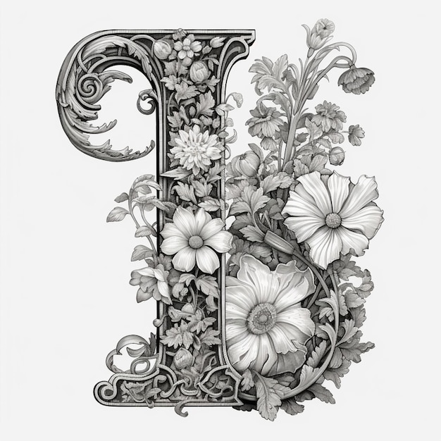 Photo a drawing of a floral letter with flowers and leaves generative ai