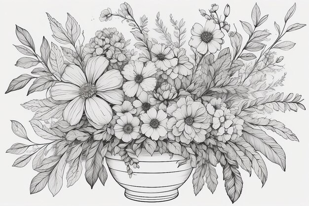 Photo a drawing of a flower arrangement with leaves and flowers generative ai