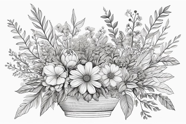 Рисунок цветочной аранжировки с листьями и цветами