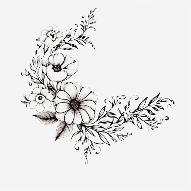 Photo a drawing of a flower crescent with leaves and flowers generative ai