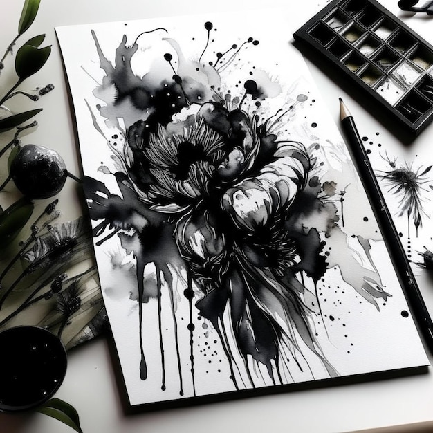 Foto un disegno di un fiore è su un tavolo accanto a una penna