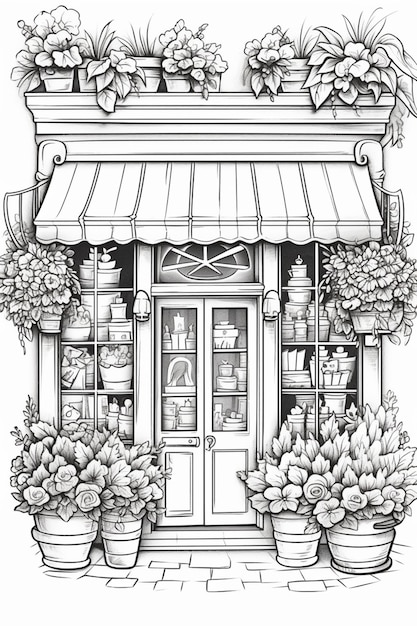 Photo a drawing of a flower shop with potted plants outside generative ai