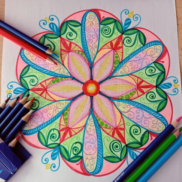 Foto un disegno di un fiore con un manico blu e un fiore rosso al centro.