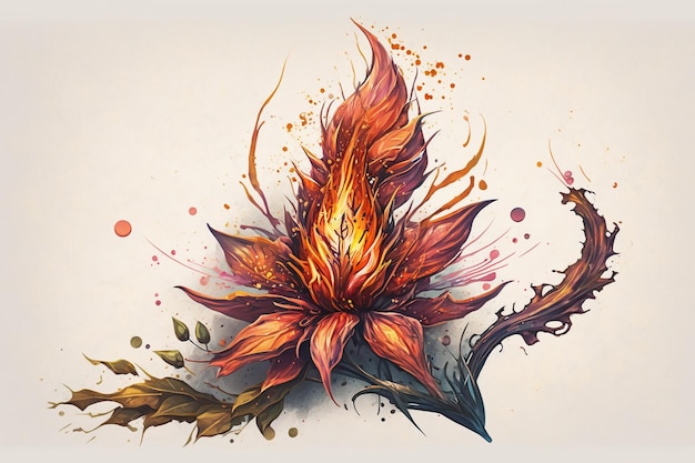 A drawing of a flower with a flame on it