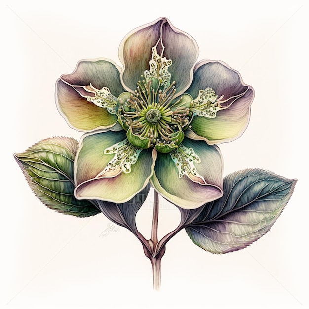 A drawing of a flower with green leaves and a white background.