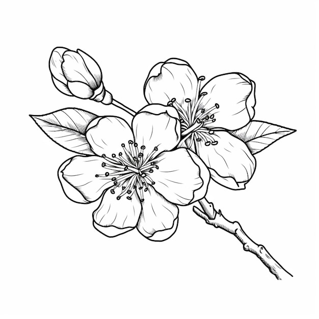 Photo a drawing of a flower with leaves on a branch generative ai