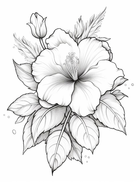a drawing of a flower with leaves and a flower bud generative ai