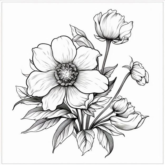 a drawing of a flower with leaves and flowers on it generative ai