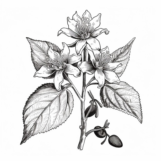 a drawing of a flower with leaves and flowers on it generative ai