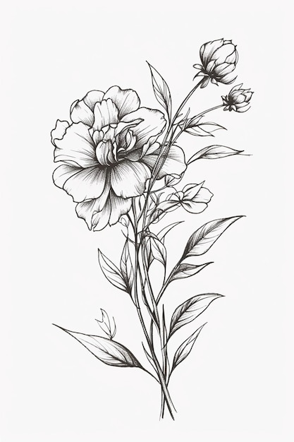 A drawing of a flower with leaves and flowers