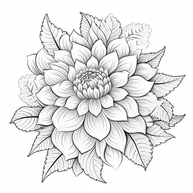 a drawing of a flower with leaves on a white background generative ai