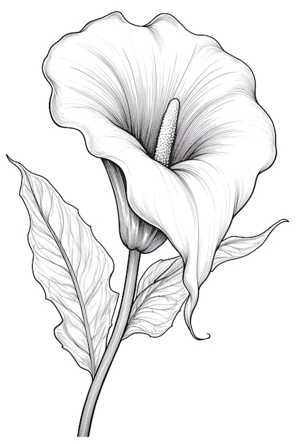 a drawing of a flower with leaves on a white background generative ai