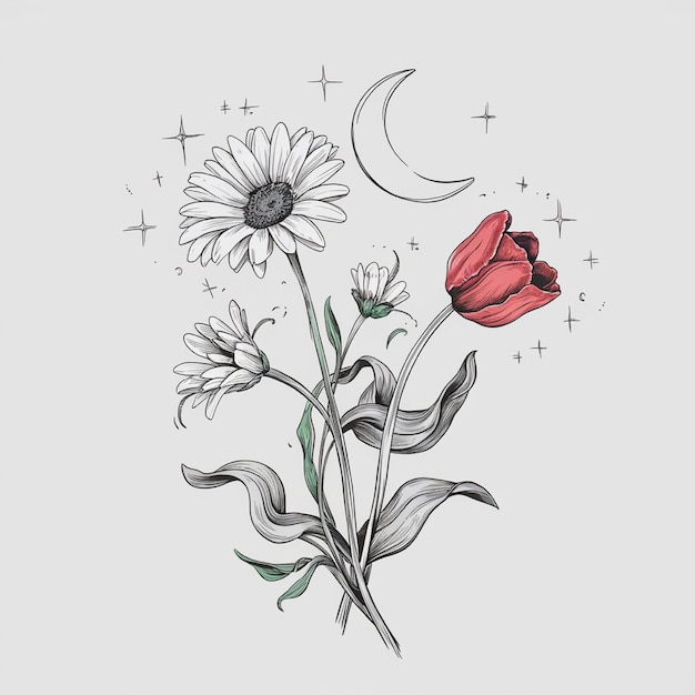 a drawing of a flower with the moon and the moon