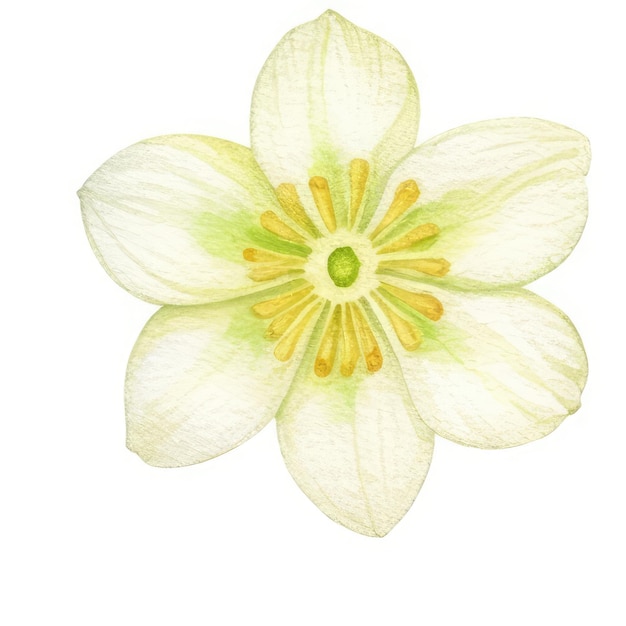 A drawing of a flower with yellow and green leaves.