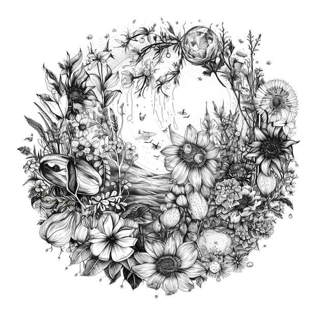 A drawing of a flower wreath with a butterfly on it.