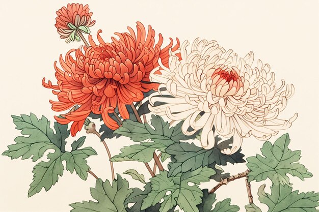 Photo a drawing of flowers by visual artistchinese style chrysanthemum background illustration double ni